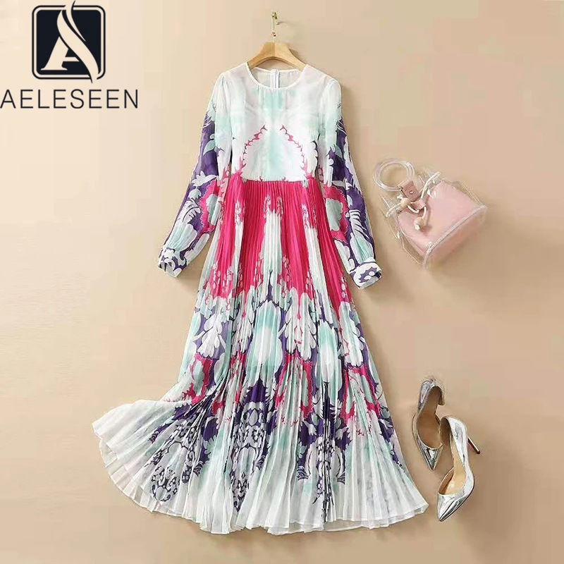 

AELESEEN 2021 Bohemian Long Dress Women Spring Summer Full Sleeve Contrast Color Flower Print Party Beach Elegant Pleated Dress