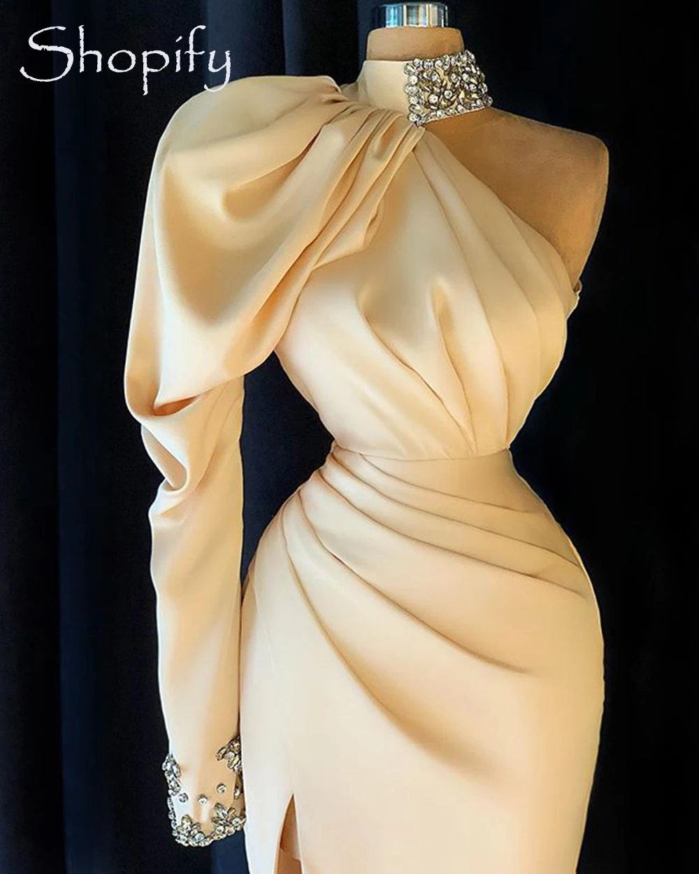 

Long Evening Dresses 2020 Elegant High Neck Single Long Sleeve Slit Slit Champagne African Women Formal Gowns