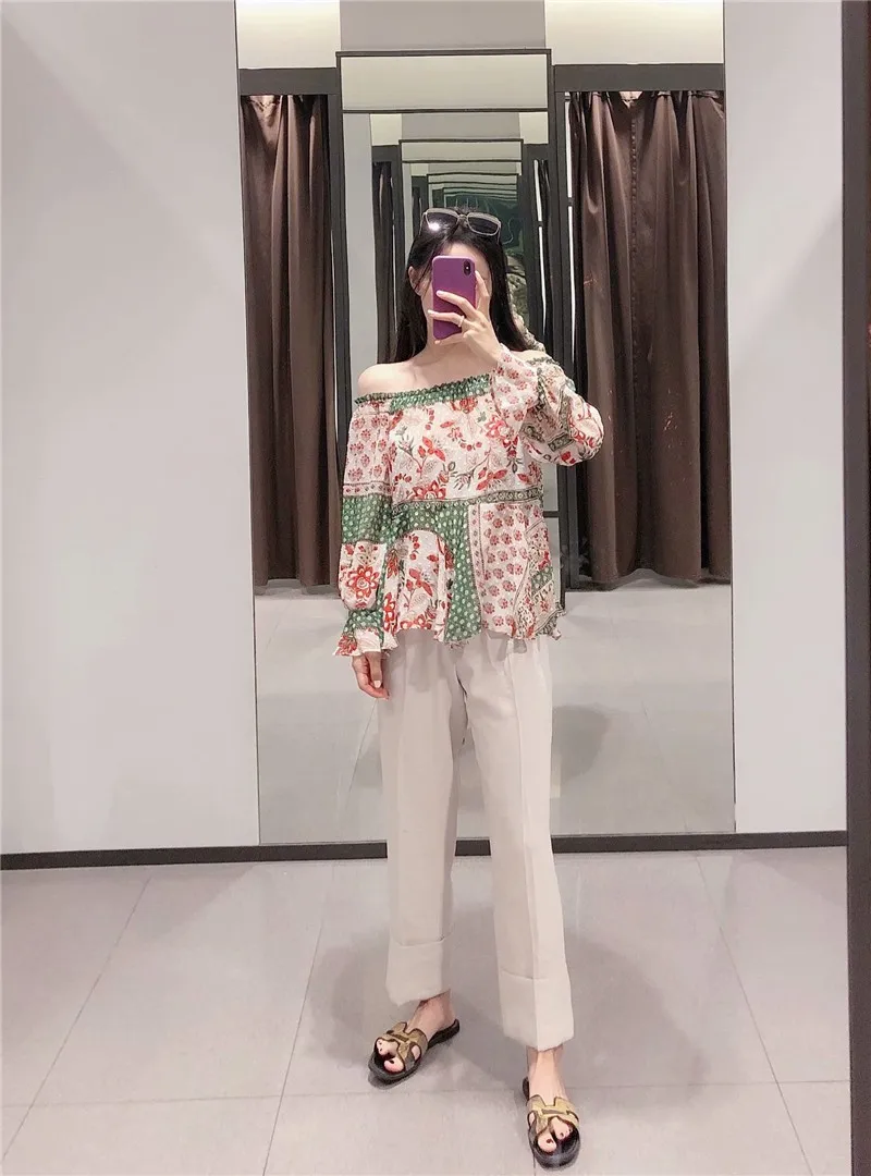 

TMODA109 Za Women 2021 Fashion Patchwork Print Blouses Vintage Elastic Neck Long Sleeve Ruffled Cuffs Female Shirts Chic Tops
