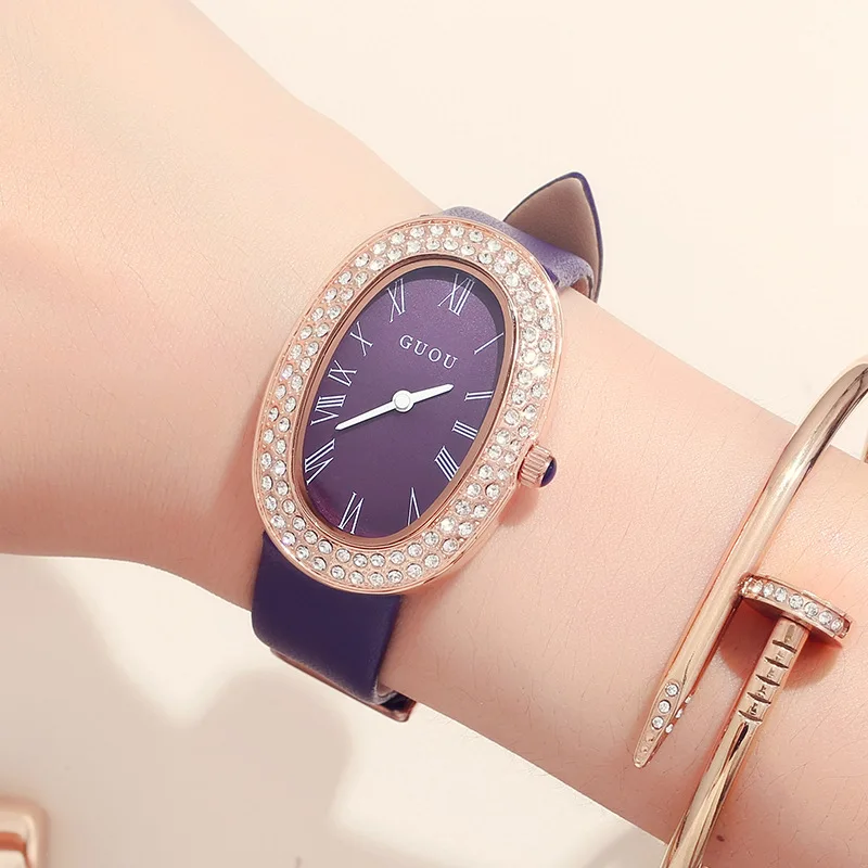 

Oval Korean Style Personality Ladies Watches Genuine Leather Strap Fashion Trends Students Diamond Watch Luxury Reloj Mujer