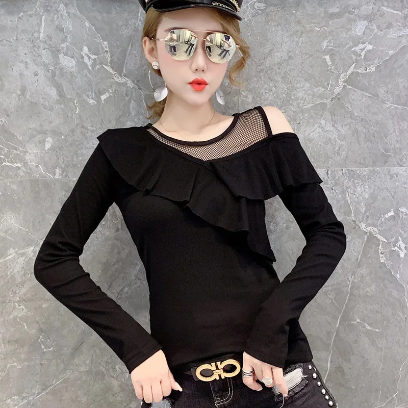 3726 Black Long Sleeve T Shirt Women One Shoulder Tops Spliced Ruffles Slim Stretch Sexy Nightclub Top Female Mesh Round Neck