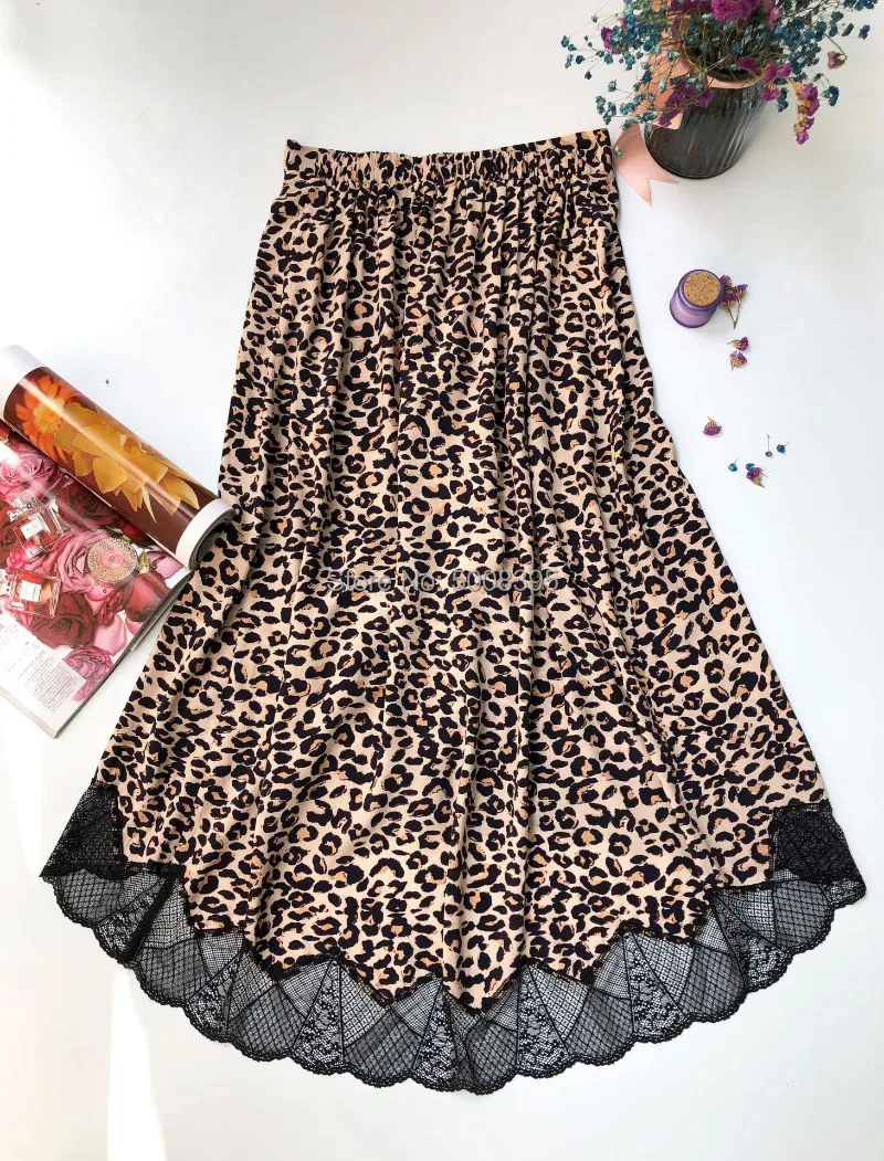 Леопардовая расцветка, асимметричная Hemline, кружевная отделка, юбка миди, эластичная талия, модные женские юбки, новинка