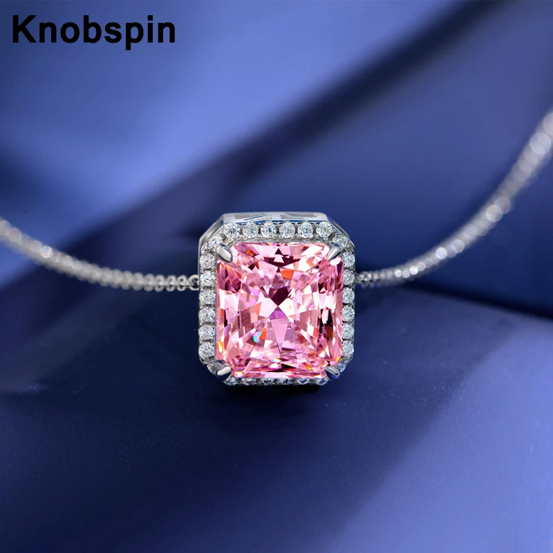 

Knobspin 100% 925 Sterling Silver Pink 10*11mm High Carbon Diamond 40+3cm Pendant Necklace For Women Wedding Party Fine Jewelry