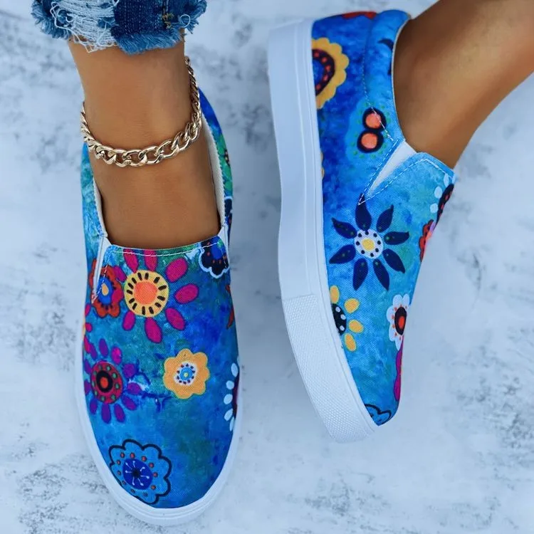 

2021 Summer Women Casual Shoes New Patchwork Comfortable Flat Female Canvas Shoes Fashion Slip On Graffiti Lady Loafers Sneakers