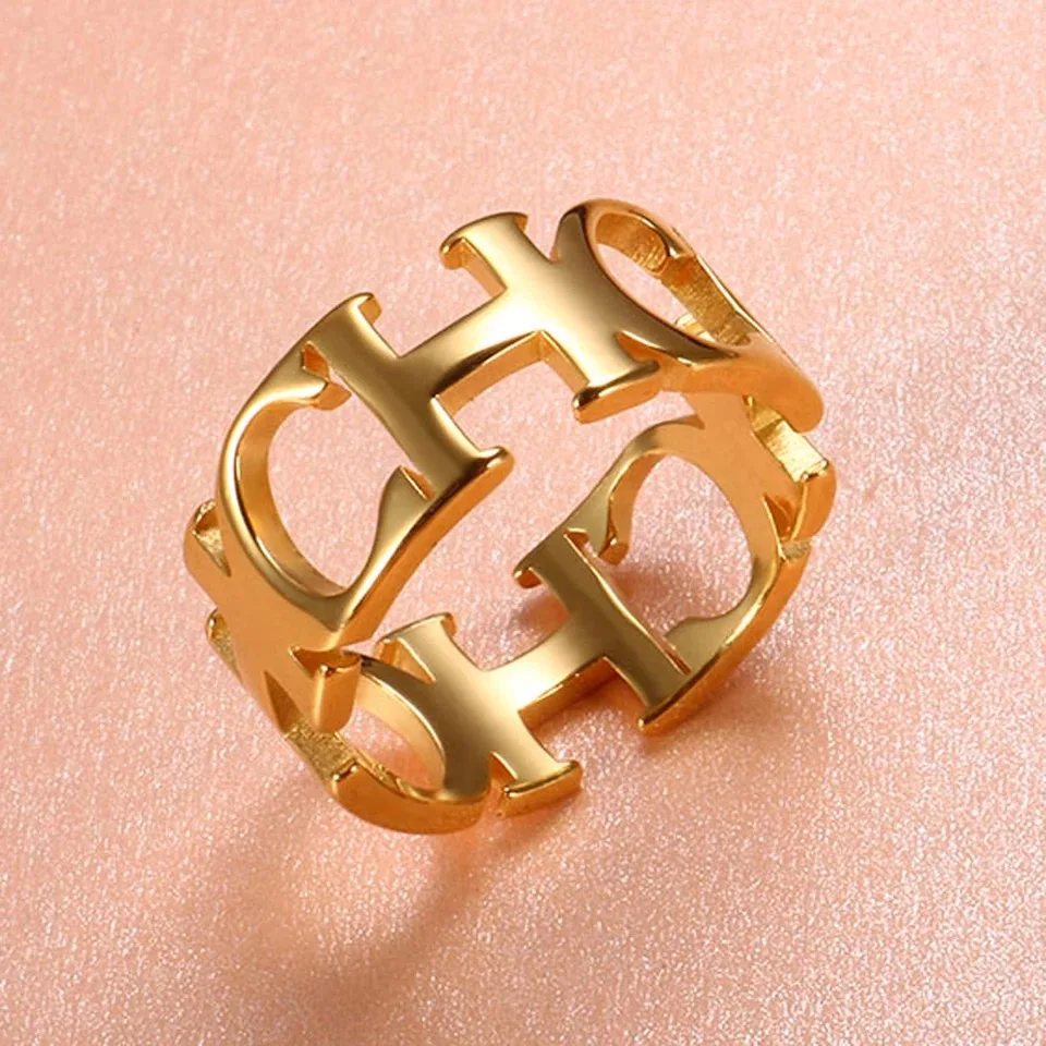 

Luxury High Quality Jewelry Stainless Steel Hollowed Cut Letter CH Ring For Woman Man Unisex Wedding Lover Ring Jewelry