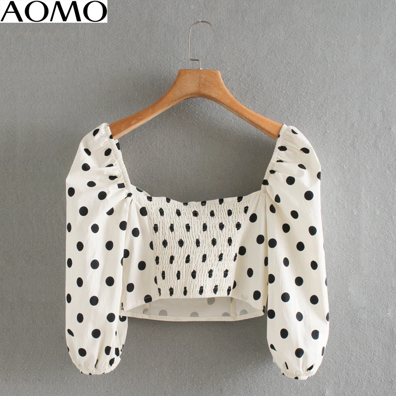 

AOMO fahsion women retro dots print crop blouse pleated zipper 2020 chic female sexy slim beach shirt tops 5Z123A