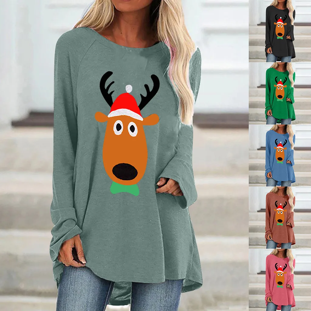 S-3xl Женская мода Рождество Повседневный с принтом оленя круглый вырез Свободный