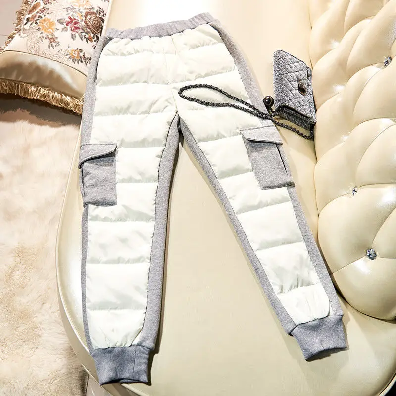 

Large Pockets Thicken Pants Ladies White Duck Down Casual Trousers Women 2021 Autumn Winter New Patchwork Warm Pants Female