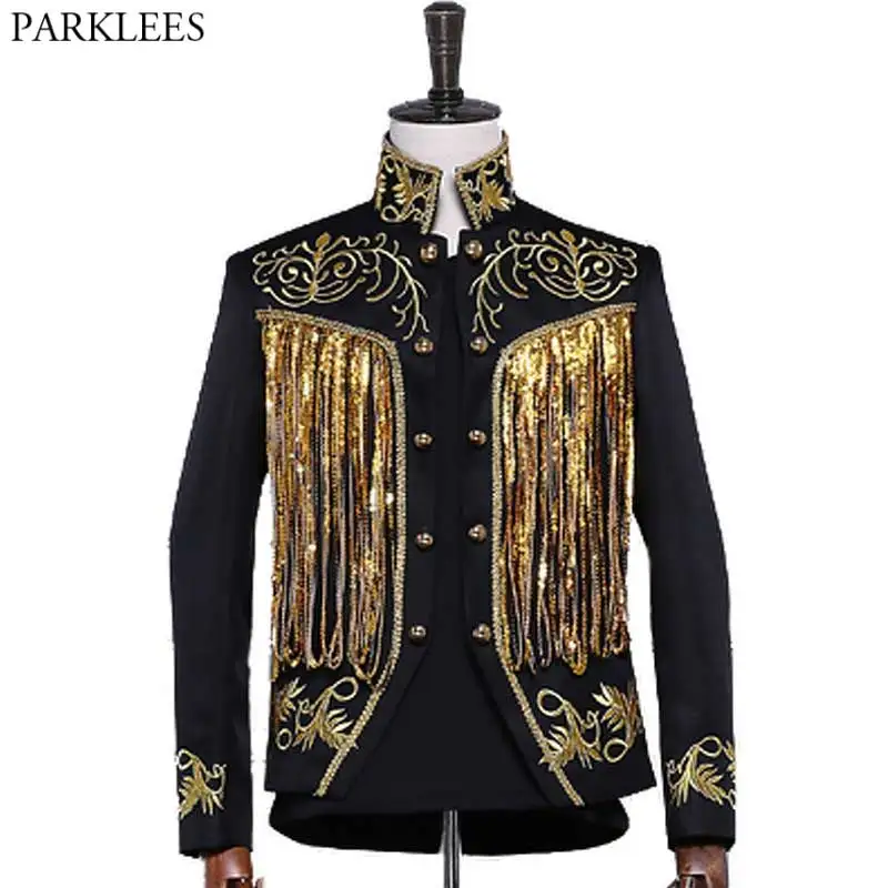 

Роскошный Блейзер с блестками и кисточками, мужской двубортный блейзер с воротником-стойкой в стиле стимпанк, парадная куртка в стиле милитари, панк, готика