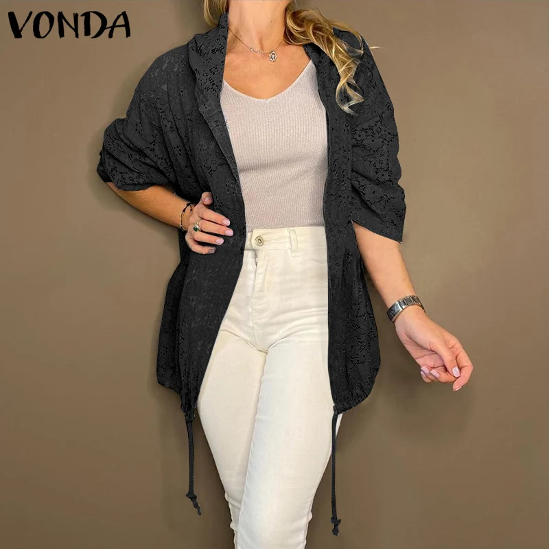 

Women Coats 2021 VONDA Vintage Solid Lace 3/4 Sleeve Oversized Hooded Jackets Women Hoodies Coats Zip-up Loose Streetwears