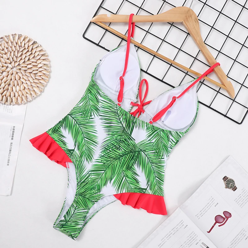 

2021 New Sexy Leaf Printed One Piece Swimsuit Women Swimwear Bandage Monokini Ruffle Bathing Suit Female Beachwear Swimming Suit