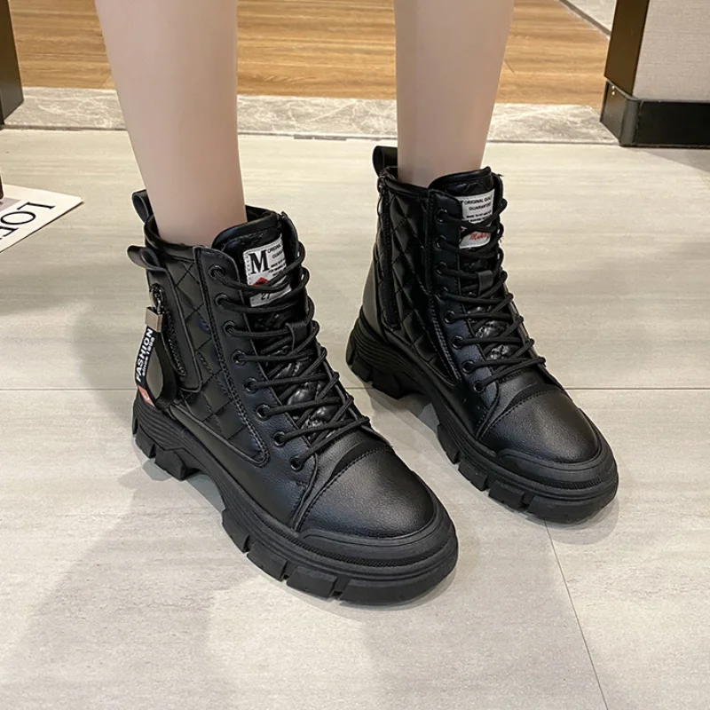 

Fashion Women's Martin Boots Winter Stitching Cross-lace Zipper Casual Women's Boots Thick-soled Non-slip Women's Ankle Boots