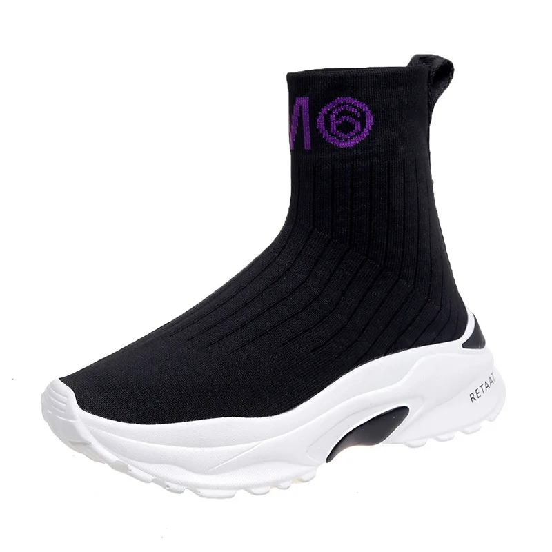 

Korean Version 2021 New Women's Shoes Tide Muffin Bottom Student High-top Sports Shoes Plus Velvet Elastic Knit Boots