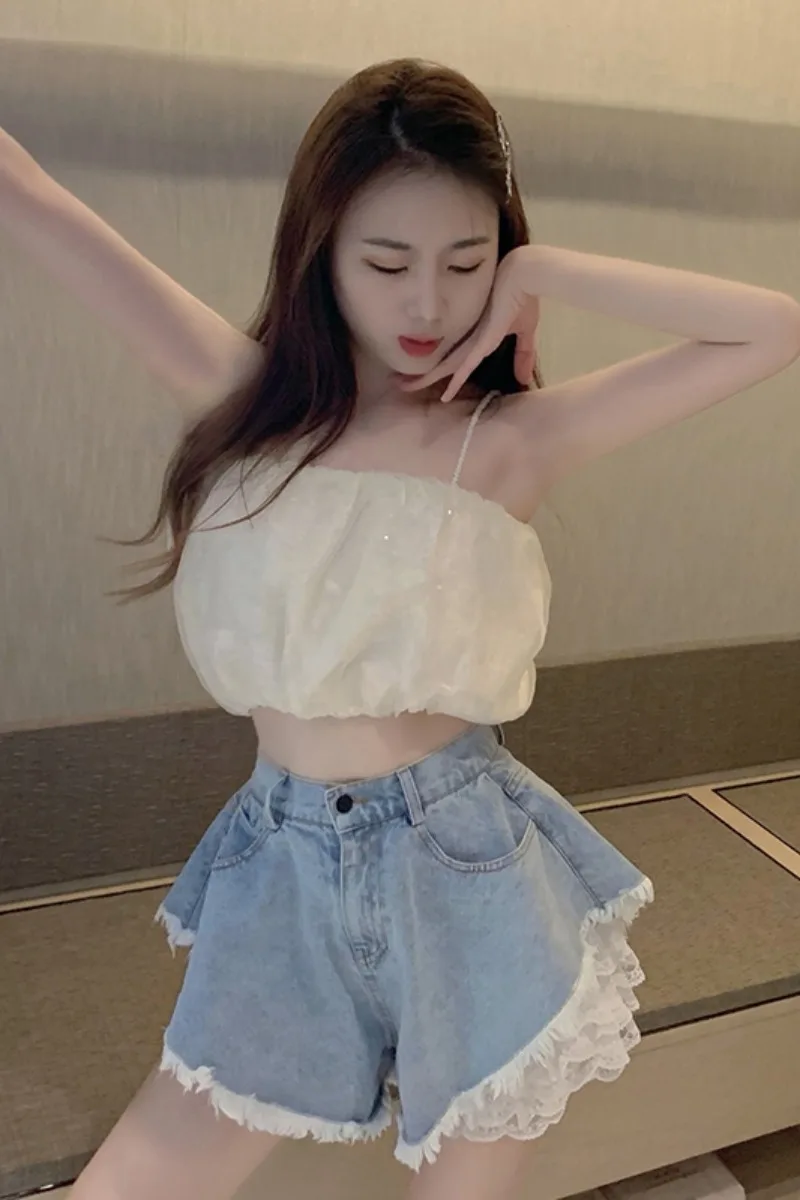 

Lace denim shorts women's 2021 new summer high waist loose thin pants wide leg pants summer suit fashion