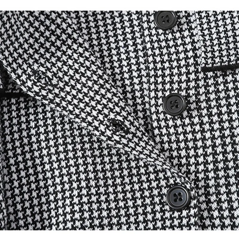 

Women Bow Neck Houndstooth Single Breasted Knitted Sweater Dress 2021 Spring Autumn A Line Long Sleeve Dress Chic Pull Femme