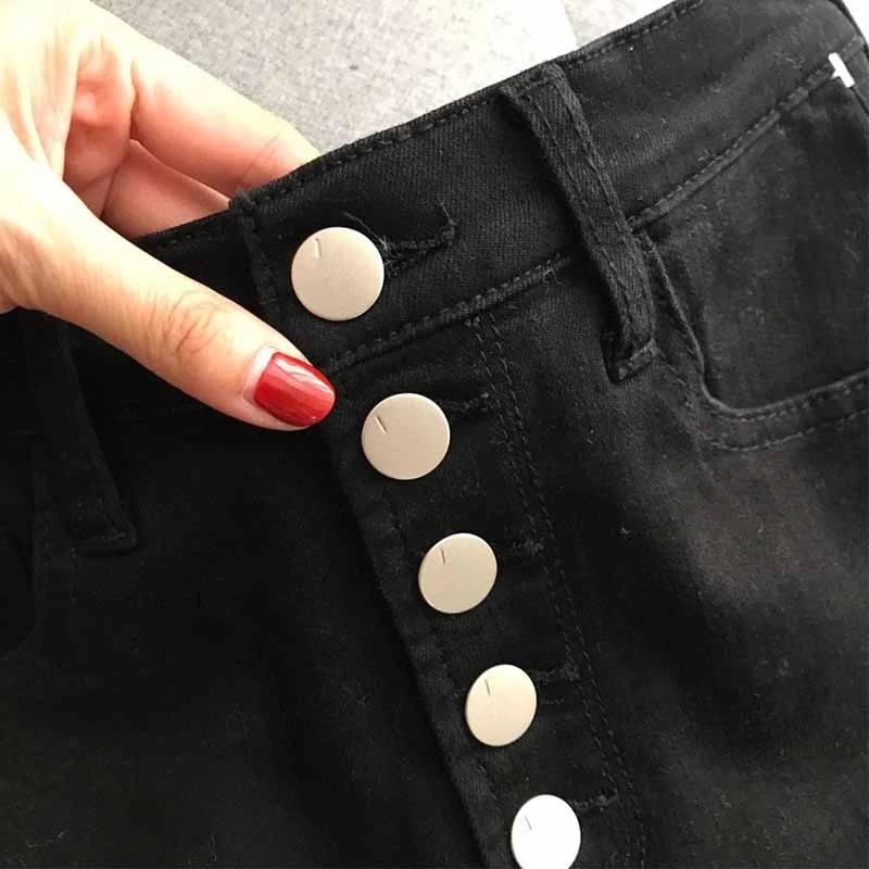 Skinny Jeans High Women Waist Black Casual Elastic Slim Denim Jeans Single Breasted Golden Buttons Fit Pencil Pants