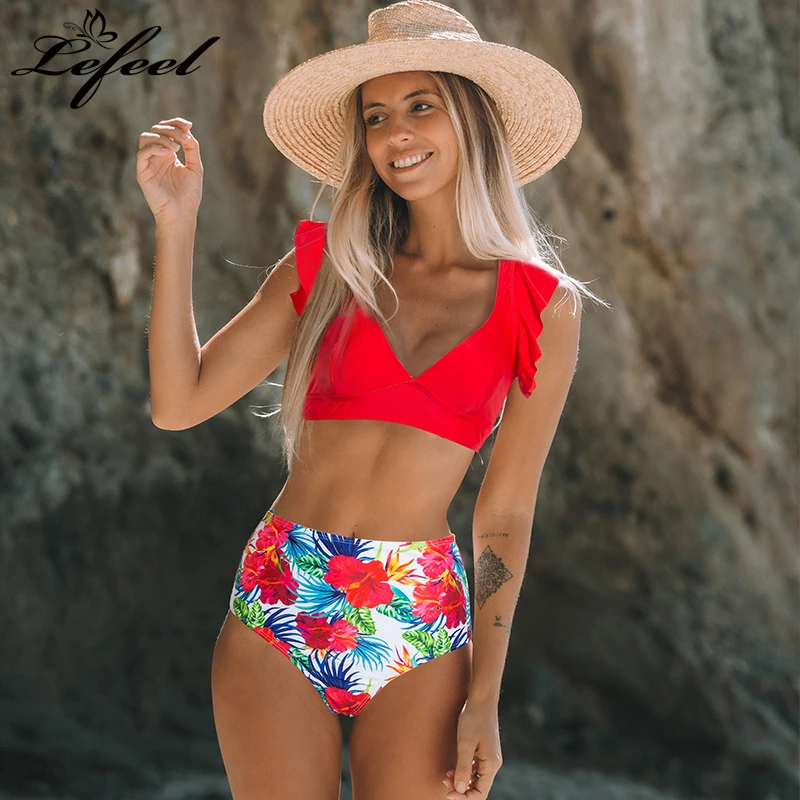 Женский комплект бикини с оборками сексуальный купальник растительным принтом