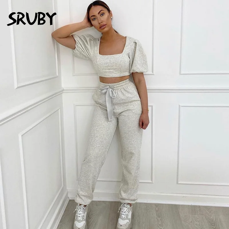 Женский хлопковый повседневный комплект из двух предметов короткий топ на