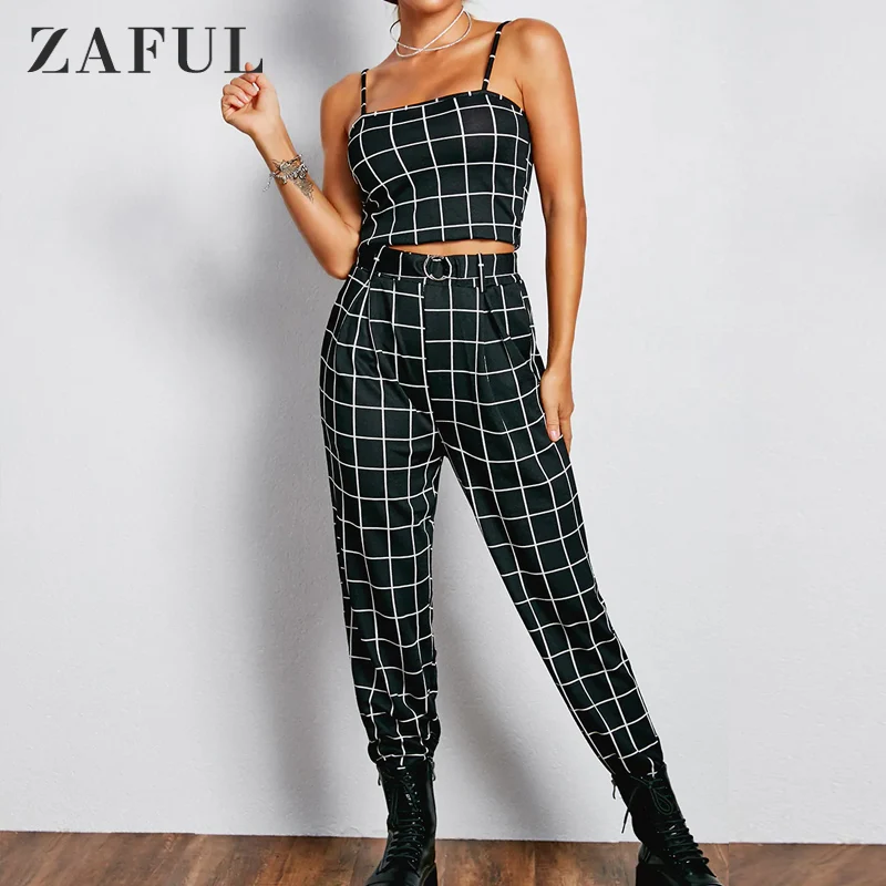 

ZAFUL Graceful Grid Co-ord Women Sets O-Ring Belt Two Piece Pants Set Women'S Clothing Fashion Outwear