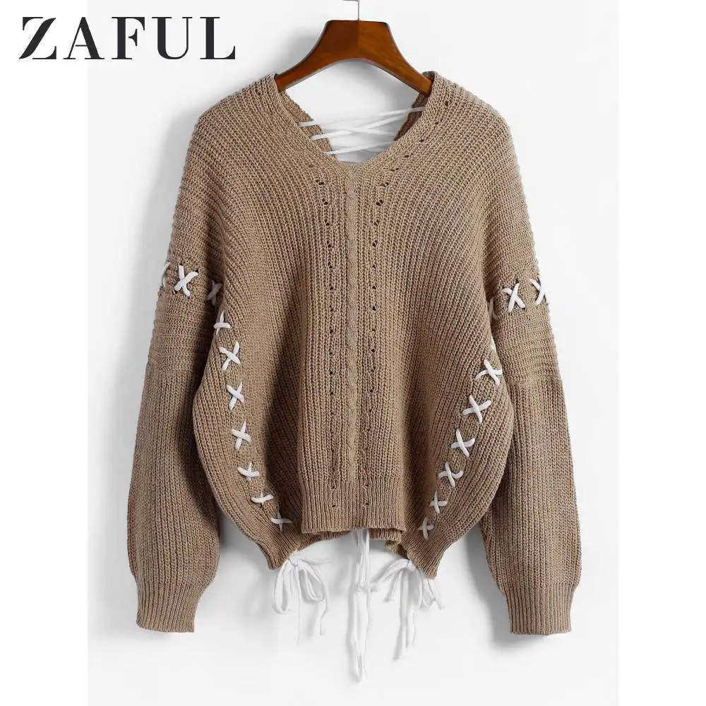 ZAFUL вязаный свитер на шнуровке с открытыми плечами повседневные стильные
