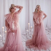 2022 long sleeve prom dresses ruffle v neck photoshoot gowns sheer tulle maternity dress custom made illusion robe