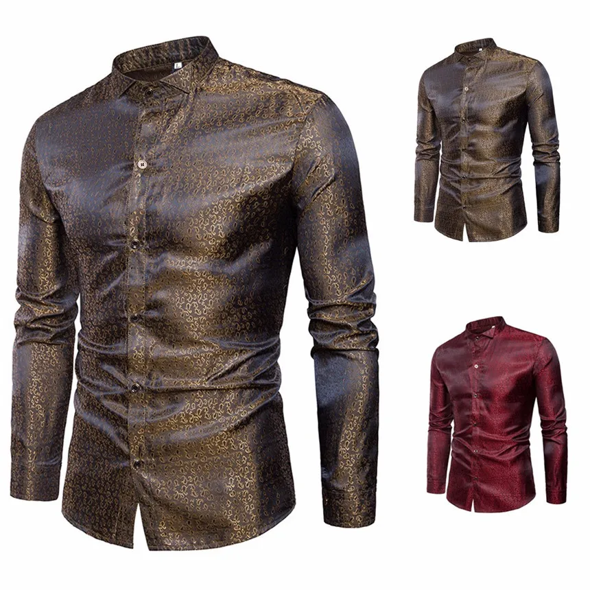 KLV Мужская рубашка Slim Fit с длинным рукавом Повседневные рубашки на пуговицах формальный Топ Блузка футболки золотого цвета вечерние певицы сценические рубашки