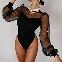 2021 new womens slim mesh stitching long sleeved bottoming shirt tops puff sleeves tights see through pearl black sexy tights