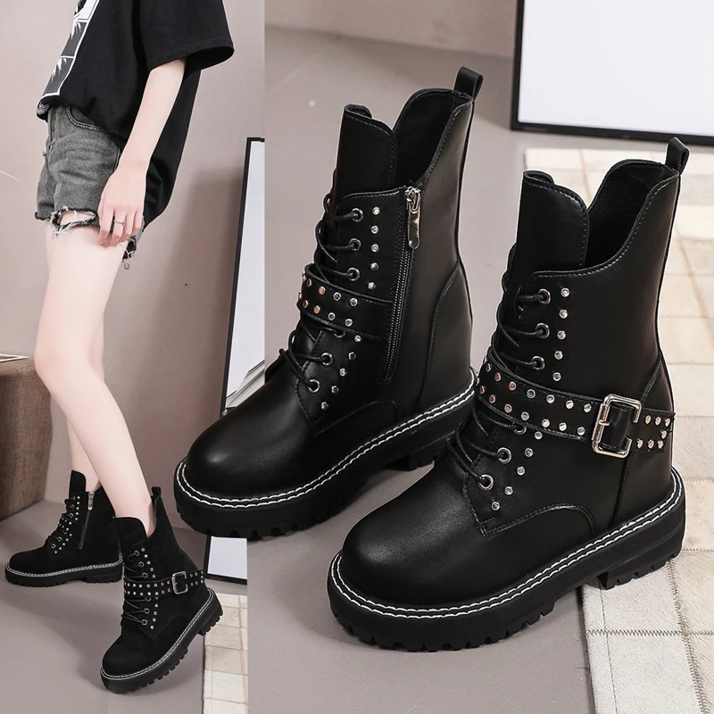 Женские кожаные ботинки с заклепками черные в британском стиле до щиколотки 8 см