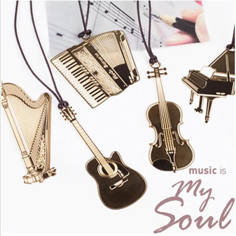 

1pc/Set, Beautiful Instrument With Lanyard Notebook Metal Bookmark Creative Fixed Piano Guitar Organ Harp Violin Trumpet