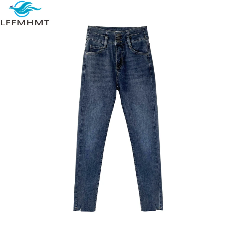 

Women High Waist Thick Korean Style Solid Color Denim Jeans Office Lady Versatile Casual Skinny Slim Fit Trousers Pencil Pants