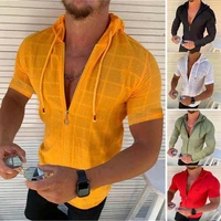 summer cotton mens short sleeved slim fit shirt male beach sunscreen hooded zipper casual t shirt street man solid color blouse