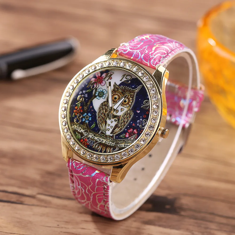 

Unisex Male And Female Universal Fashion Design Cartoon Owl Couple Models Diamond Quartz Wrist Watch Valentine's Day Clock Gifts