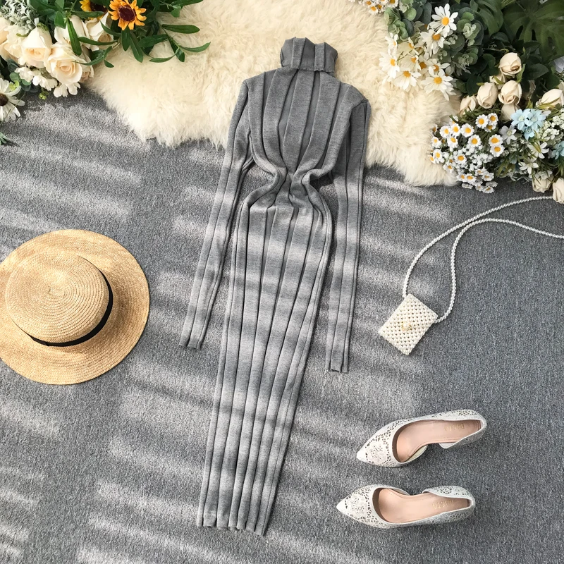 ALPHALMODA осеннее и зимнее рваное платье Новые пуловеры с высоким воротником и длинными рукавами тонкое трикотажное платье однотонное короткое простое платье