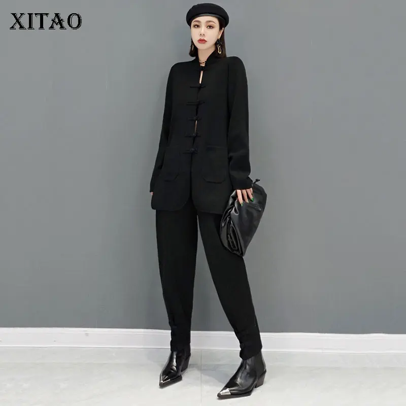 

XITAO Black Two Piece Set Women Full Sleeve Single Breast Top Elastic Waist Pleated Minority 2021 Autumn Elegant Style GWJ0496