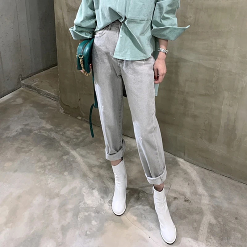 Женские винтажные прямые джинсы Mozuleva свободные серые с высокой талией и