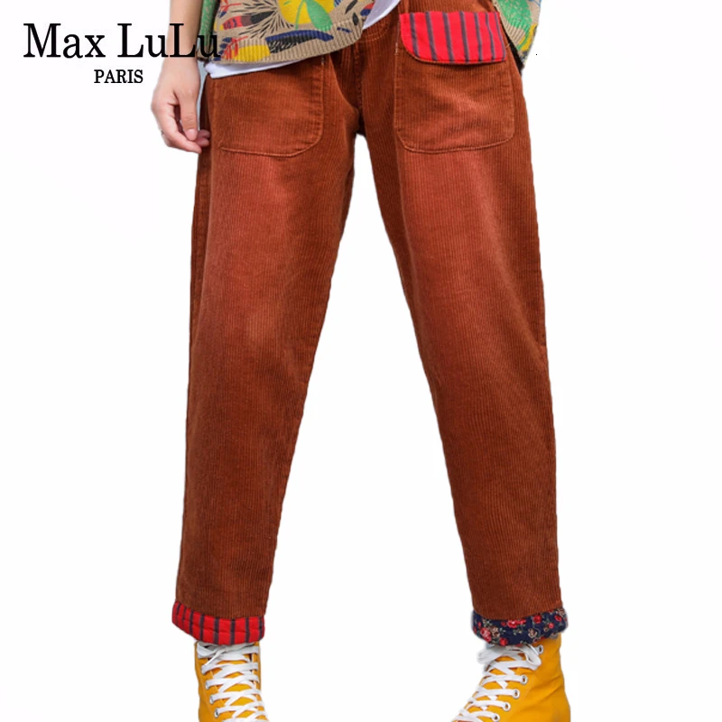 Max LuLu корейские модные осенние женские вельветовые винтажные брюки женские шаровары с лоскутками эластичные повседневные свободные уличные