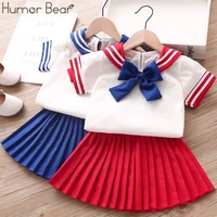humor bear new summer girl clothes sets 2pcs fashion navy short sleeve pleated skirt kids clothes suit cute toddler clothes