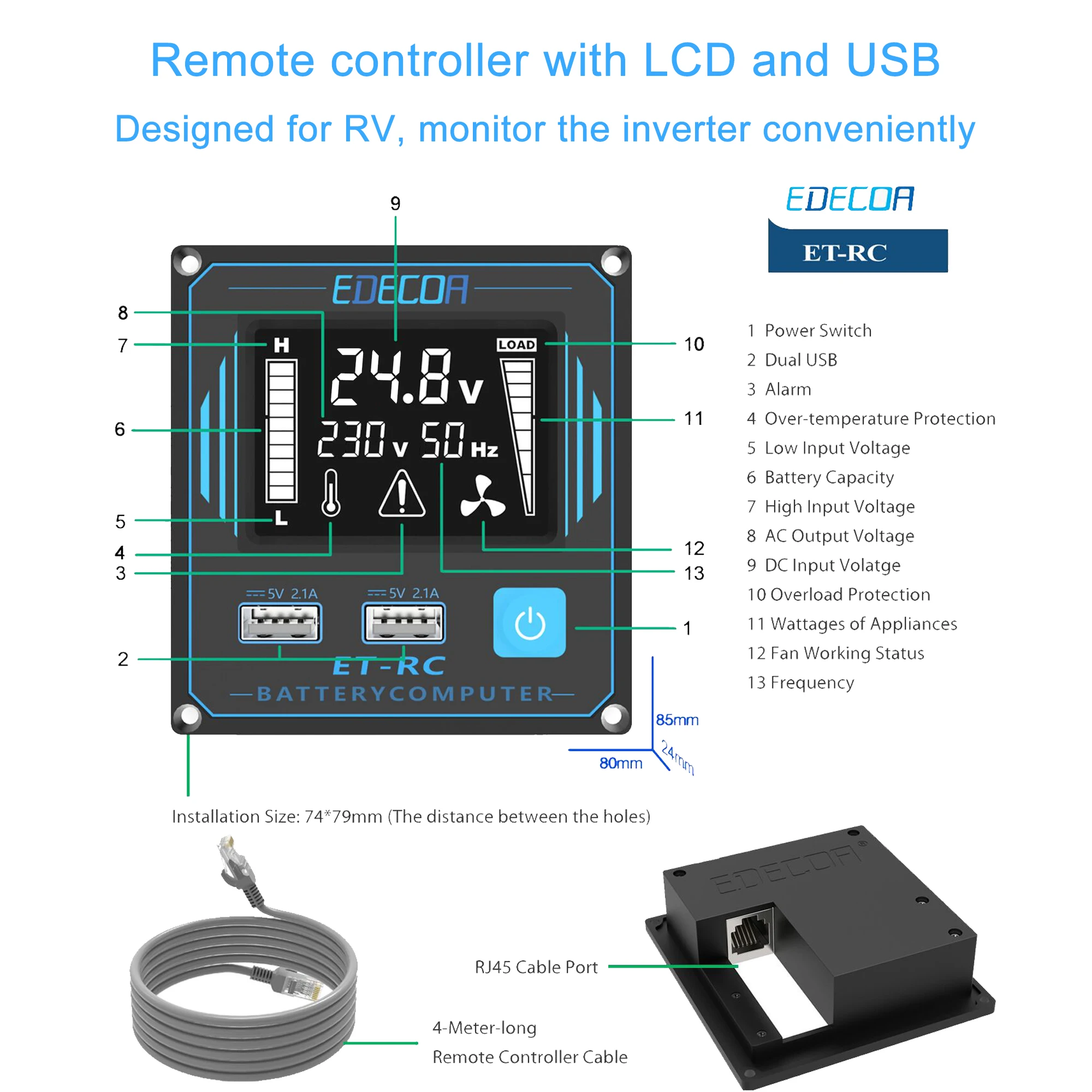 EDECOA 2000W DC 12V 24V to AC 220V 230V модифицированный синусоидальный инвертор с пультом