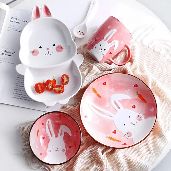 

Jingdezhen Japanese children's cute cartoon hand-painted ceramic tableware set household bowl spoon divider plate tableware