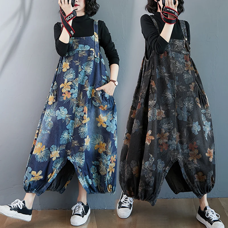

New Wide Leg Denim Overalls Women Baggy Printed Floral Suspenders Bib Cowboy Pants Low Drop Crotch Jean Jumpsuits Female Rompers
