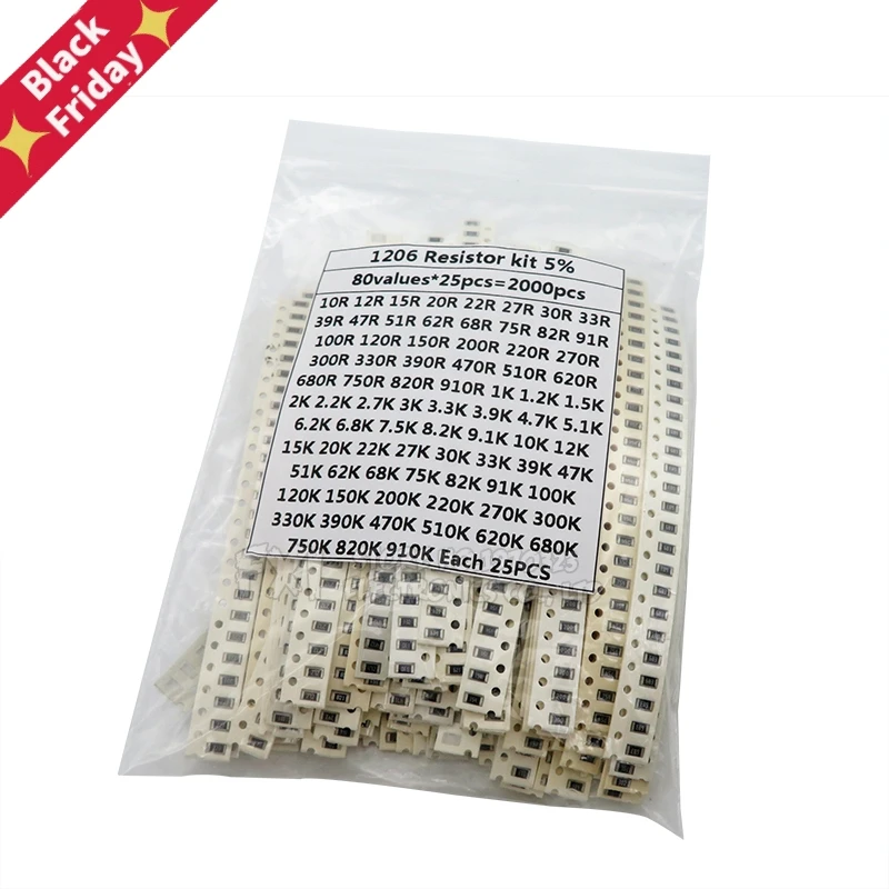 

2000PCS 10 ohm-910K ohm 1206 SMD Resistor Kit Assorted set 5% 80values*25PCS SMD Resistors 10K 470/100/680 ohm resistance pack