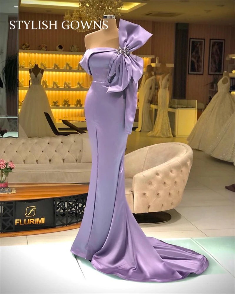 

Purple Strapless Evening Dresses Beaded Crystal Formal Dress Bow Birthday Party Gowns Mermaid Robe De Soiree