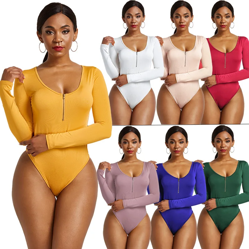 

New 2021 Autumn Long Sleeve O-neck Zipper Bodysuits Women Solid Color Tight Sexy club party bodycon Romper Female Plus Size 3XL