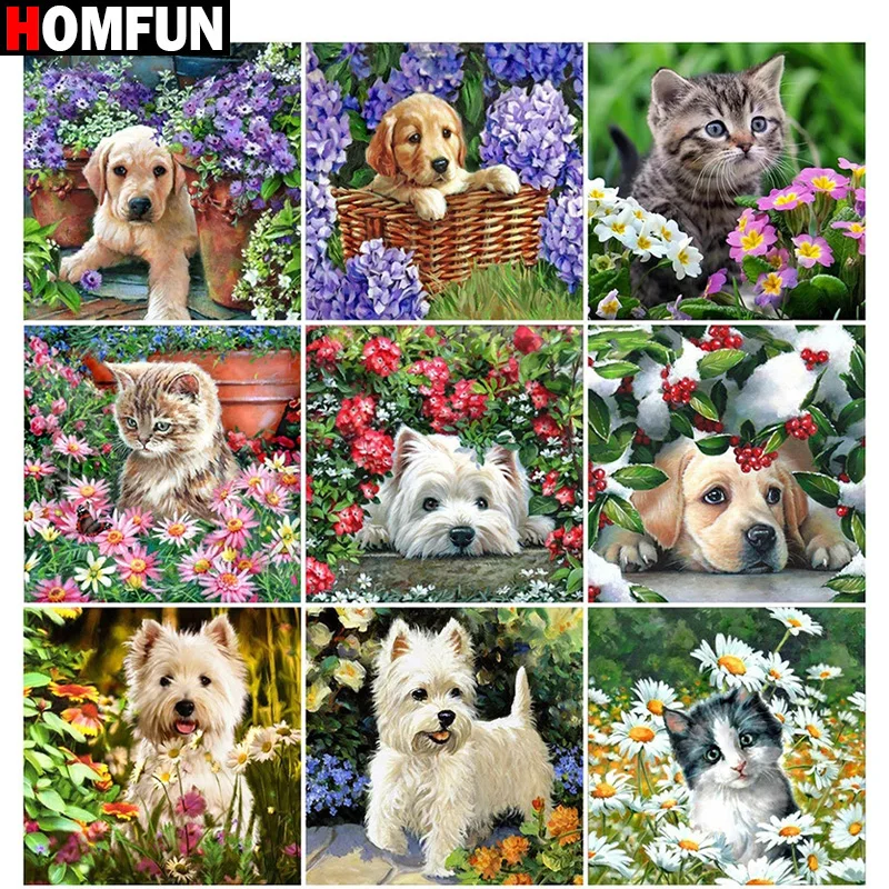 

Алмазная 5d картина HOMFUN «животные, собака и кот, цветок», вышивка крестиком, квадратная, круглая, ручная работа, стразы, искусство»