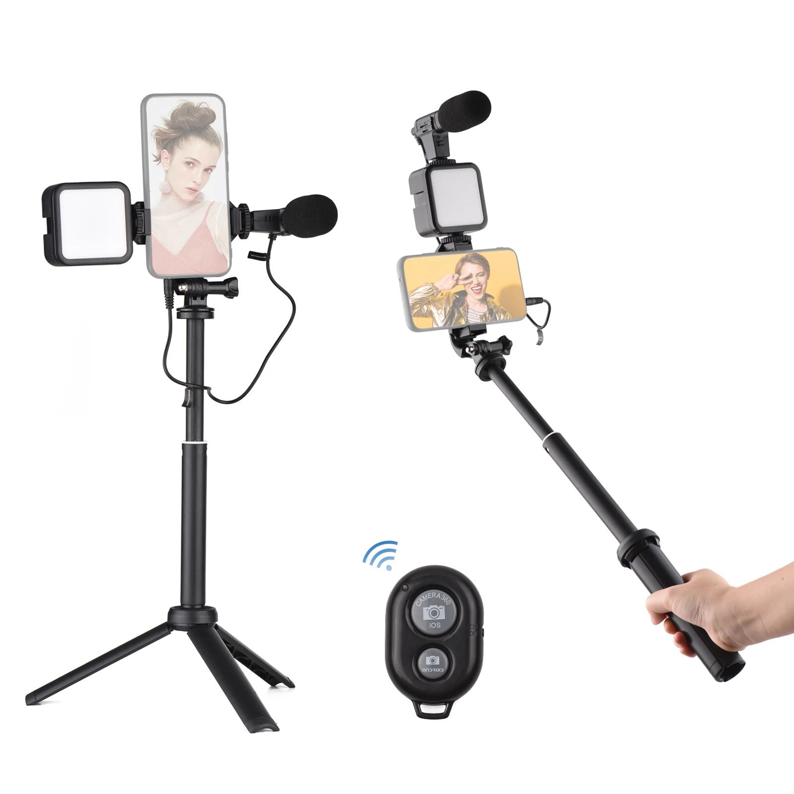 

Mini LED Video Light for Phone Live Stream Vlog Shooting +Super Cardioid Condenser Microphone+Phone Clip+Tripod+Remote Shutter