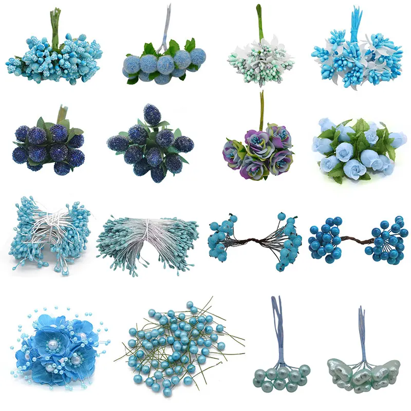 

Handmade Artificial Flower Stamen Christma Blue Flower Cherry Berries Bouquet DIY Wedding Christmas Wreath Craft Gift Decoration