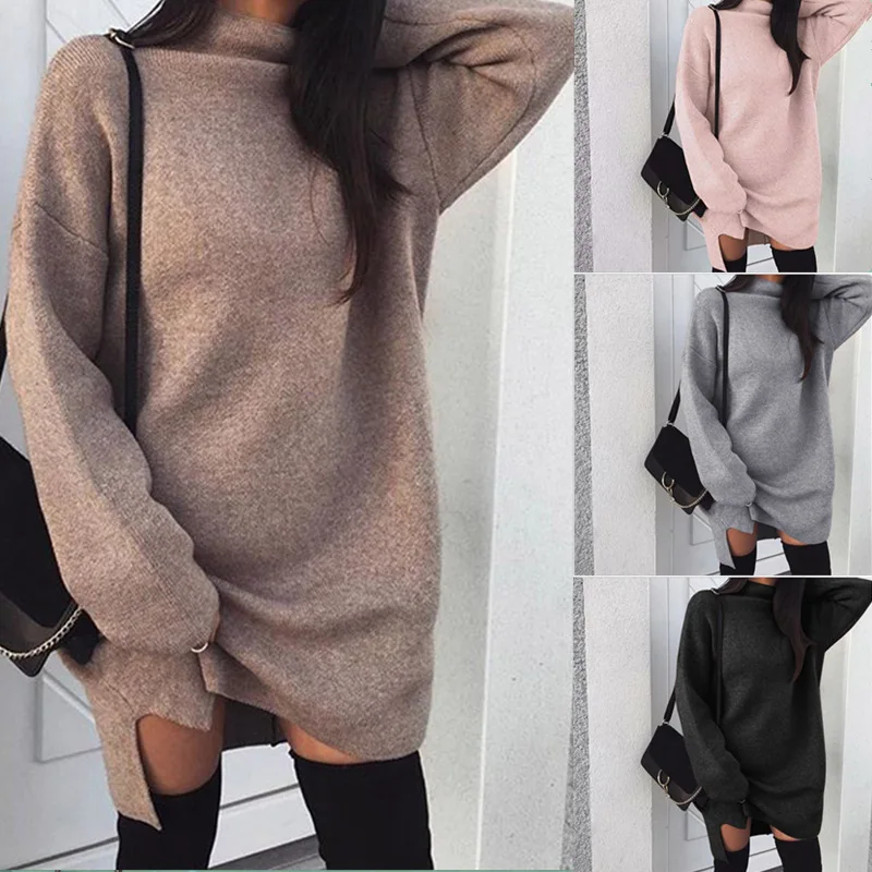

DISEYAR Autumn Winter Fashion Knitting Dress Solid Loose Turtle Neck Long Sleeve Ladies Dresses Plus Size Mini Clothes