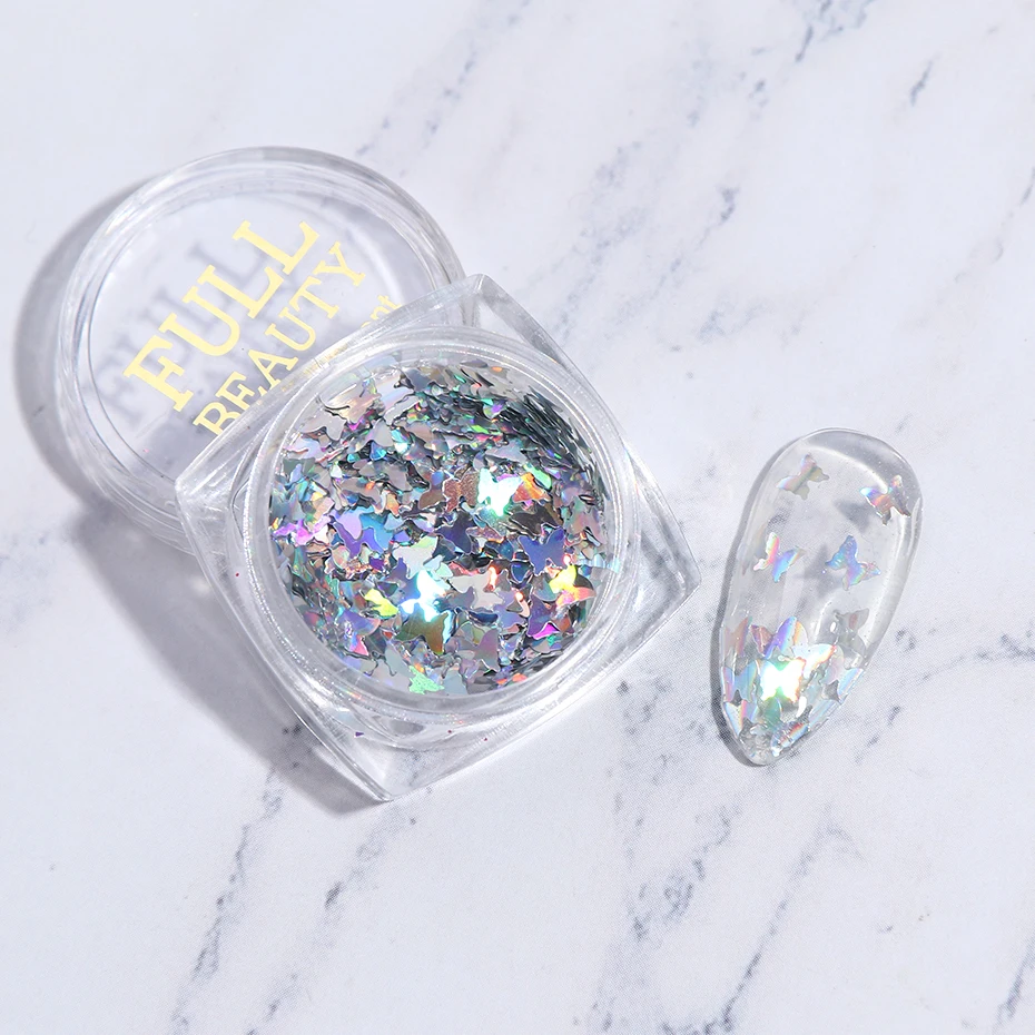 1 бутылка для дизайна ногтей Блестящий лазер AB Цвет Бабочка с блестками ломтик