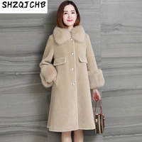 shzq 2021 new sheep shearing fur womens wear medium and long fox fur collar integrated coat windbreaker coat korean version