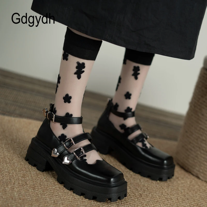 

Gdgydh Platform Mary Jane Shoes Belt Buckle Heart Shaped Lolita Shoes Women Japanese Style Rubber Sole College Student Cosplay